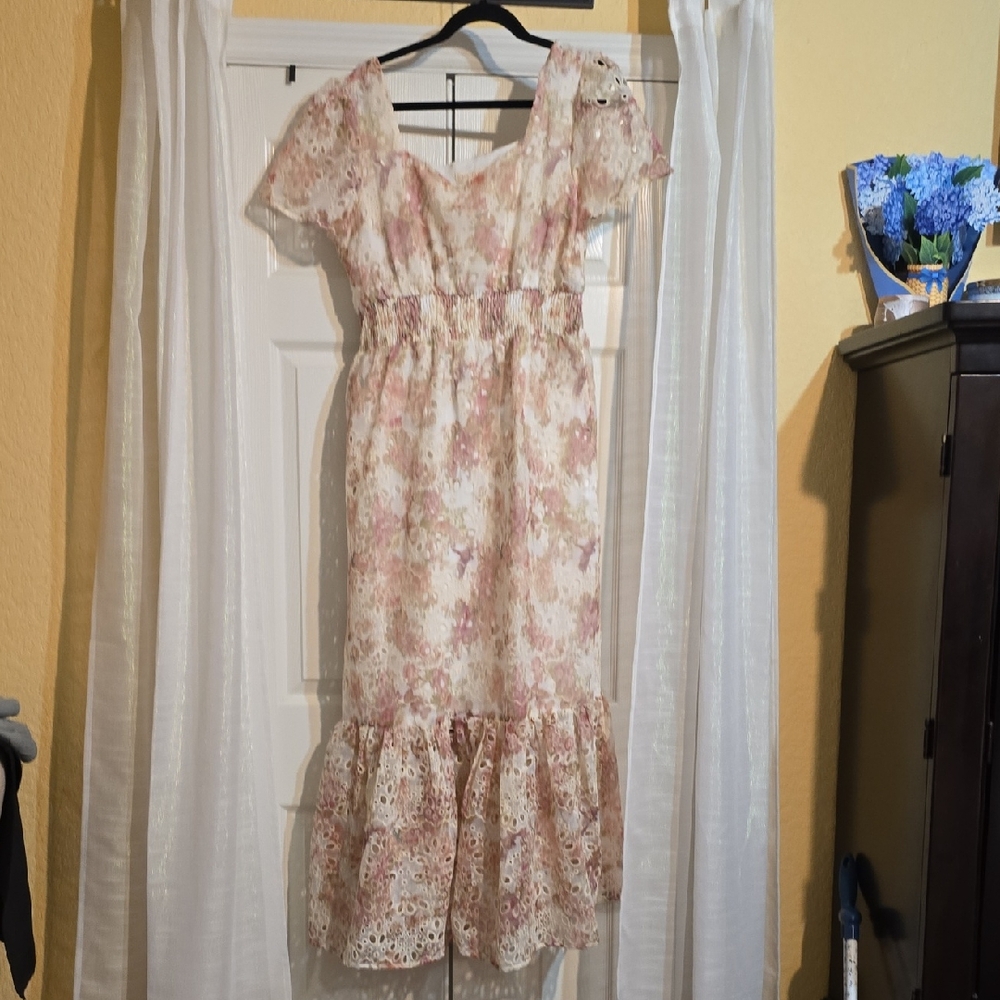 Solitaire Brand Eyele Floral Lace Look Dress with Ruffle Detail & Smocked Waist